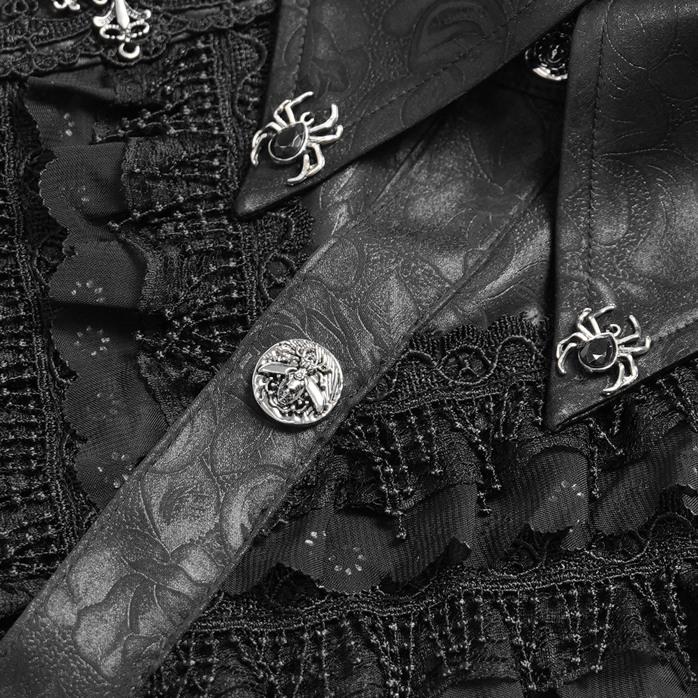 Close-up of Male Gothic Jacquard Shirt With Ruffles and Puff Sleeves, featuring lace trim and spider buttons.