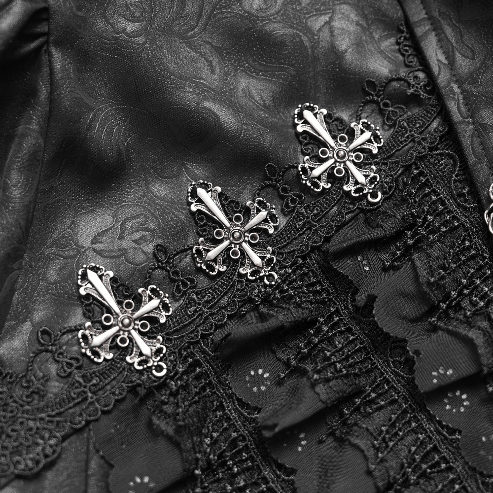 Close-up of Male Gothic Jacquard Shirt With Ruffles and Puff Sleeves showing silver cross buttons and lace trim.