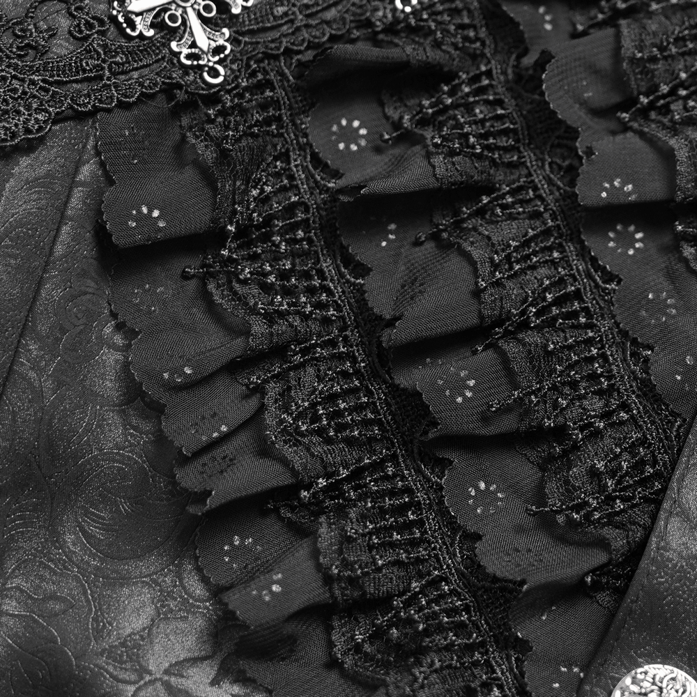 Male Gothic Jacquard Shirt With Ruffles and Puff Sleeves featuring lace ruffle trim and cross buttons.