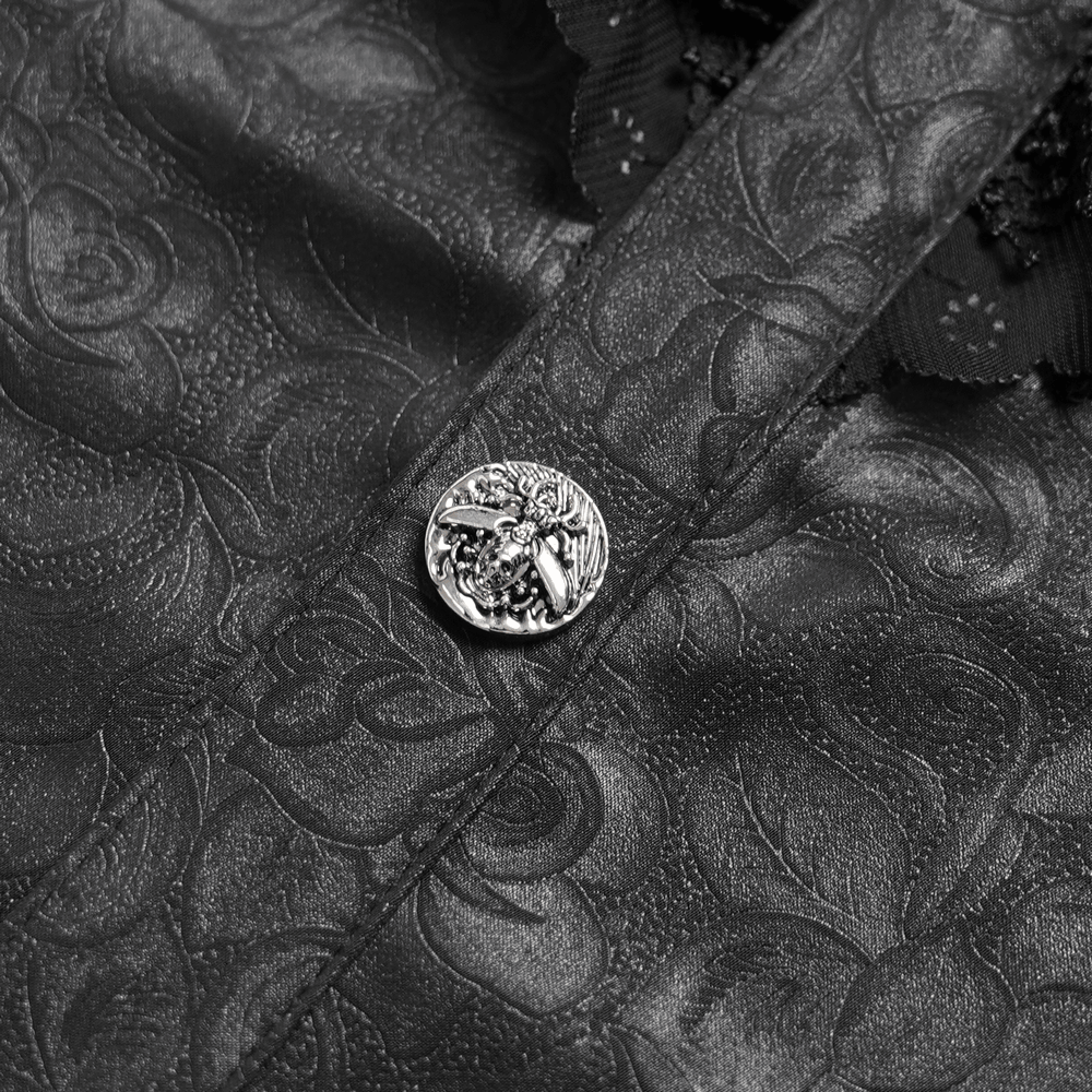 Male Gothic Jacquard Shirt With Ruffles and Puff Sleeves featuring a silver-toned cross button detail.