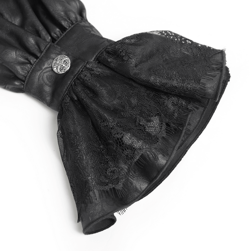 Close-up of the Male Gothic Jacquard Shirt With Ruffles and Puff Sleeves, featuring lace trim and a decorative button.