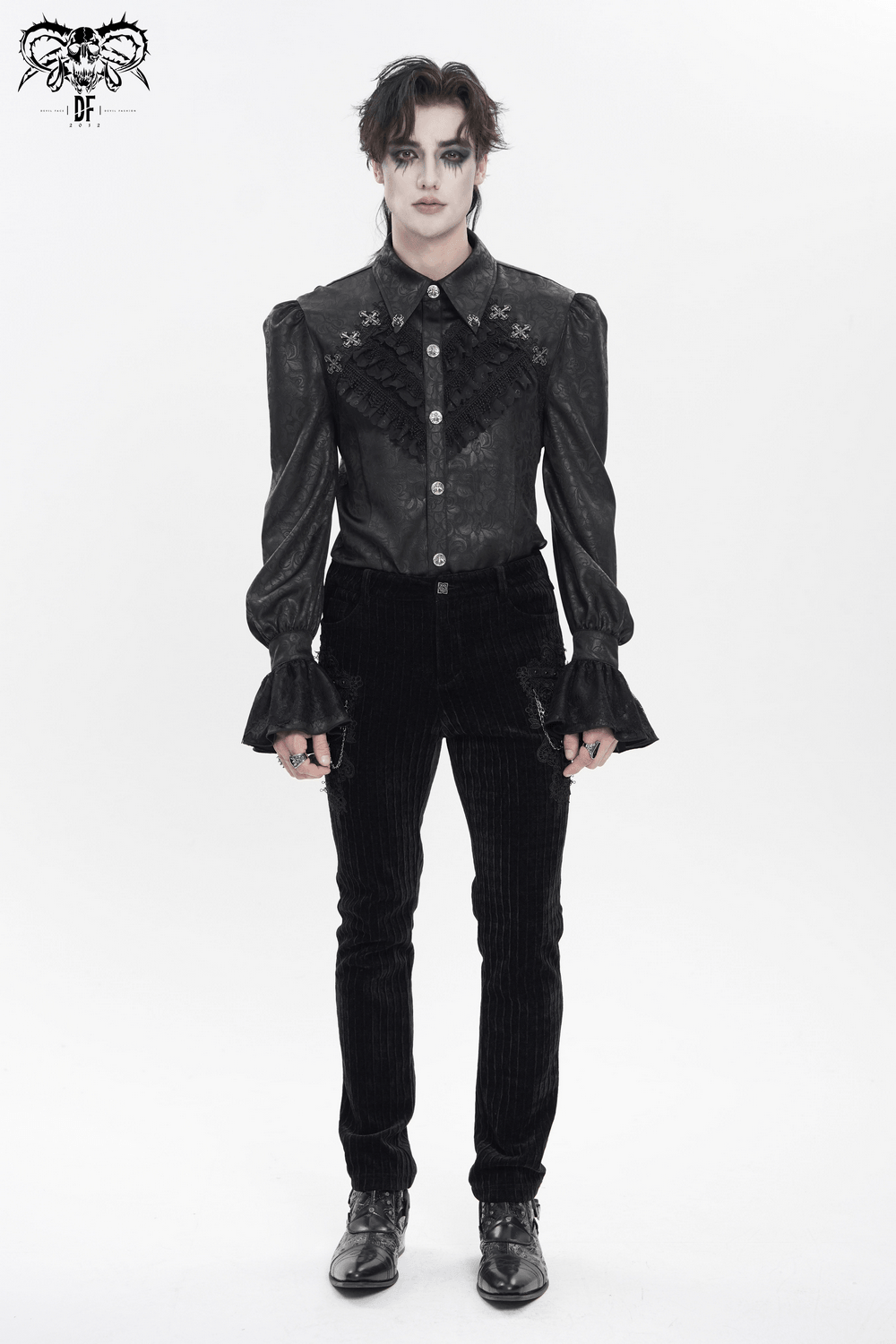 Male Gothic Jacquard Shirt With Ruffles and Puff Sleeves worn by a model, showcasing Victorian dark brocade design.