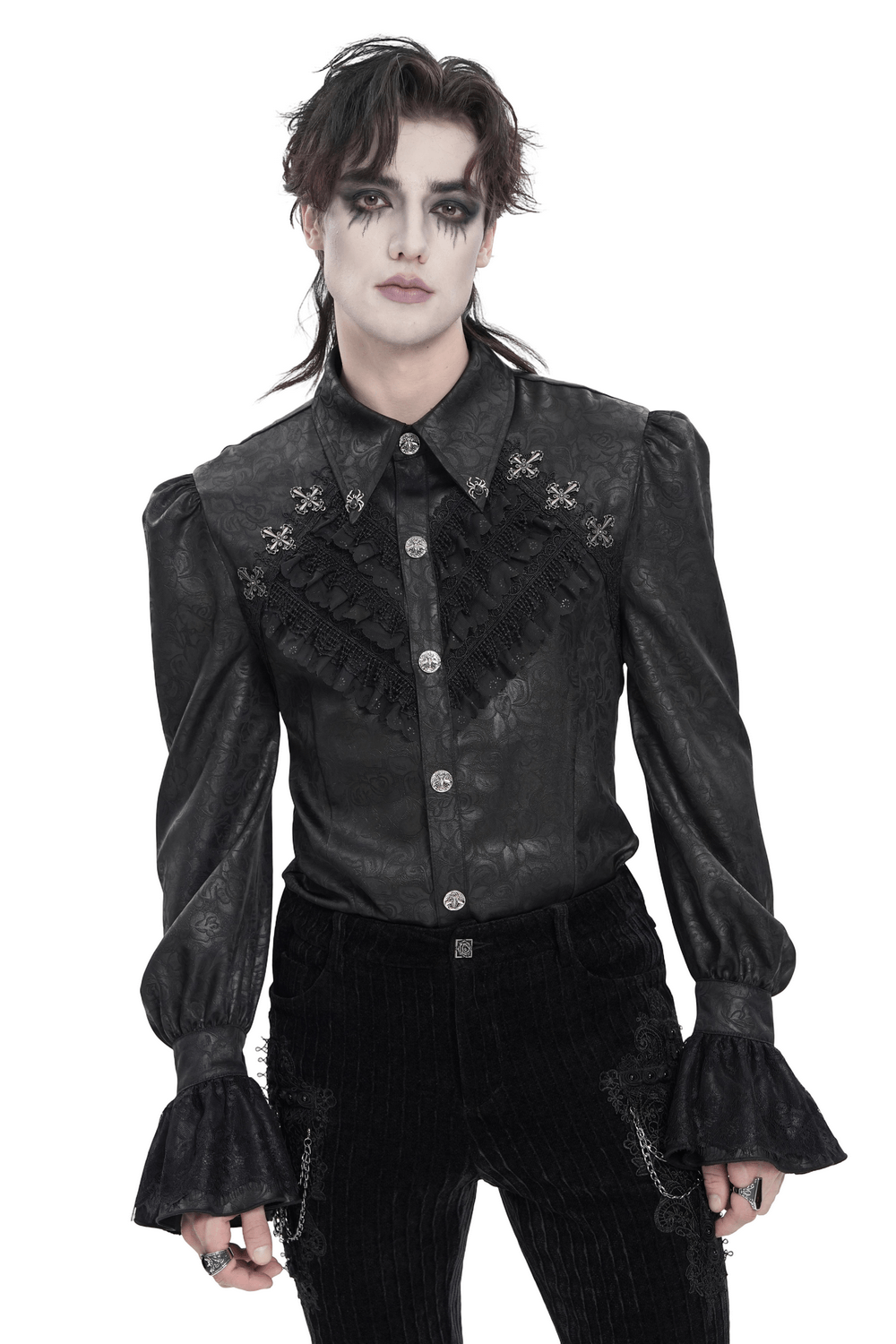 Male Gothic Jacquard Shirt With Ruffles and Puff Sleeves, styled with dramatic makeup and textured black fabric.