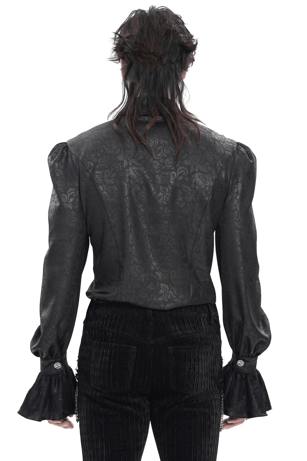 Male Gothic Jacquard Shirt With Ruffles and Puff Sleeves, black textured back view with lace sleeves.