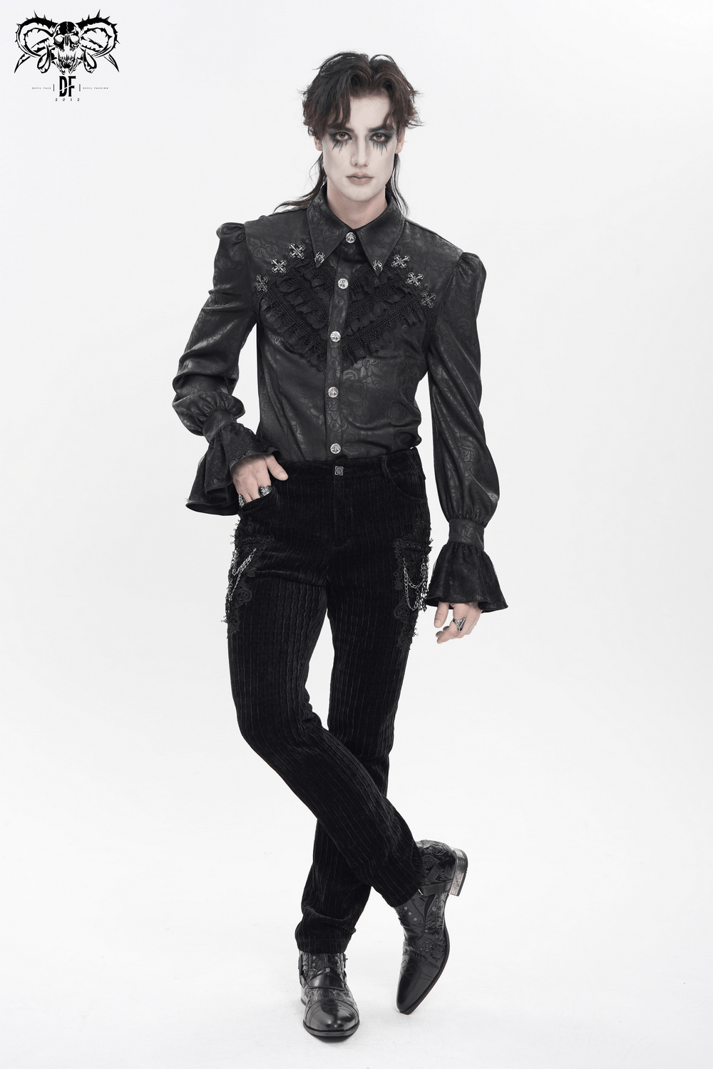 Male Gothic Jacquard Shirt With Ruffles and Puff Sleeves worn with stylish black pants and gothic accessories.