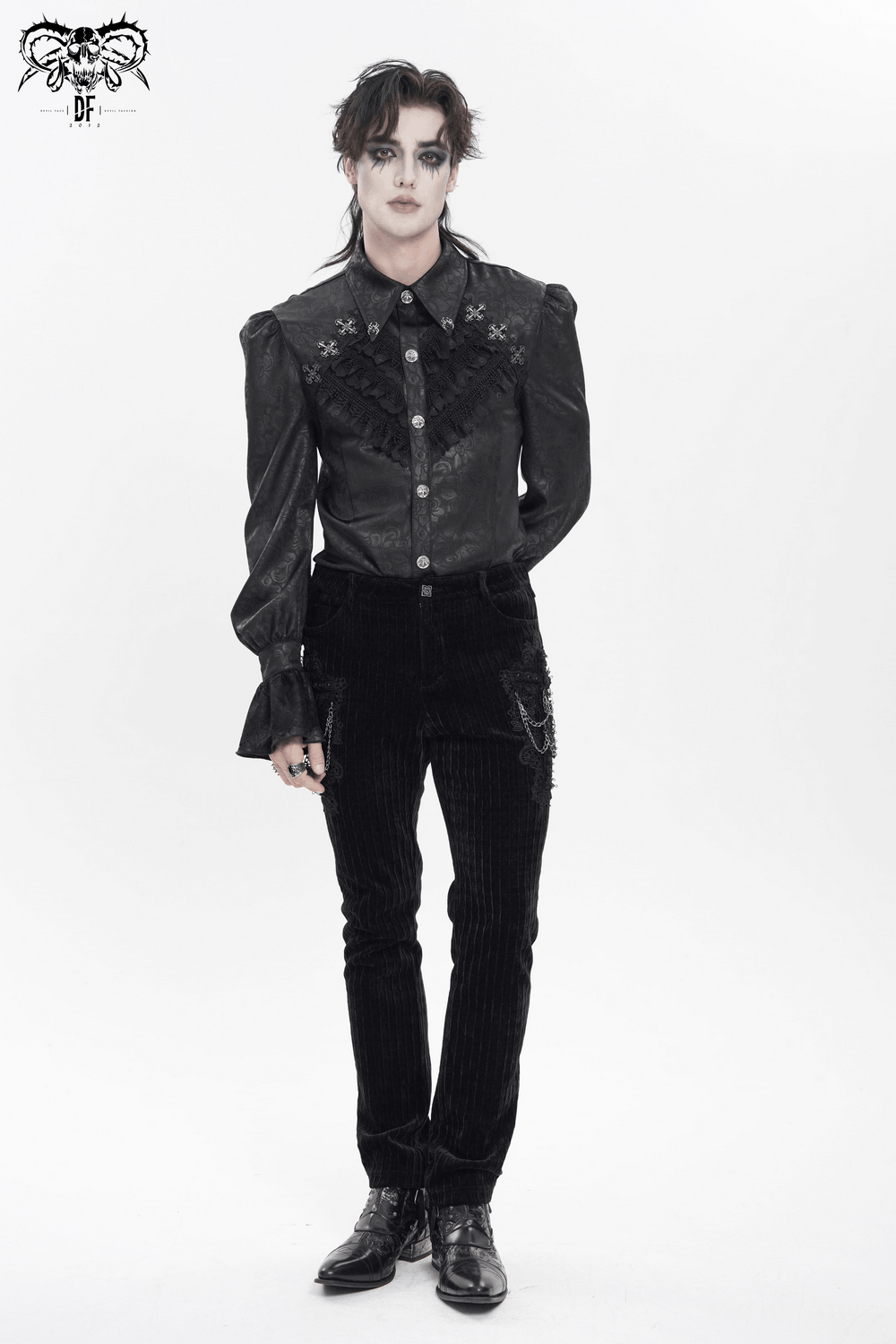 Male Gothic Jacquard Shirt With Ruffles and Puff Sleeves worn by a model posing dramatically on a white background.