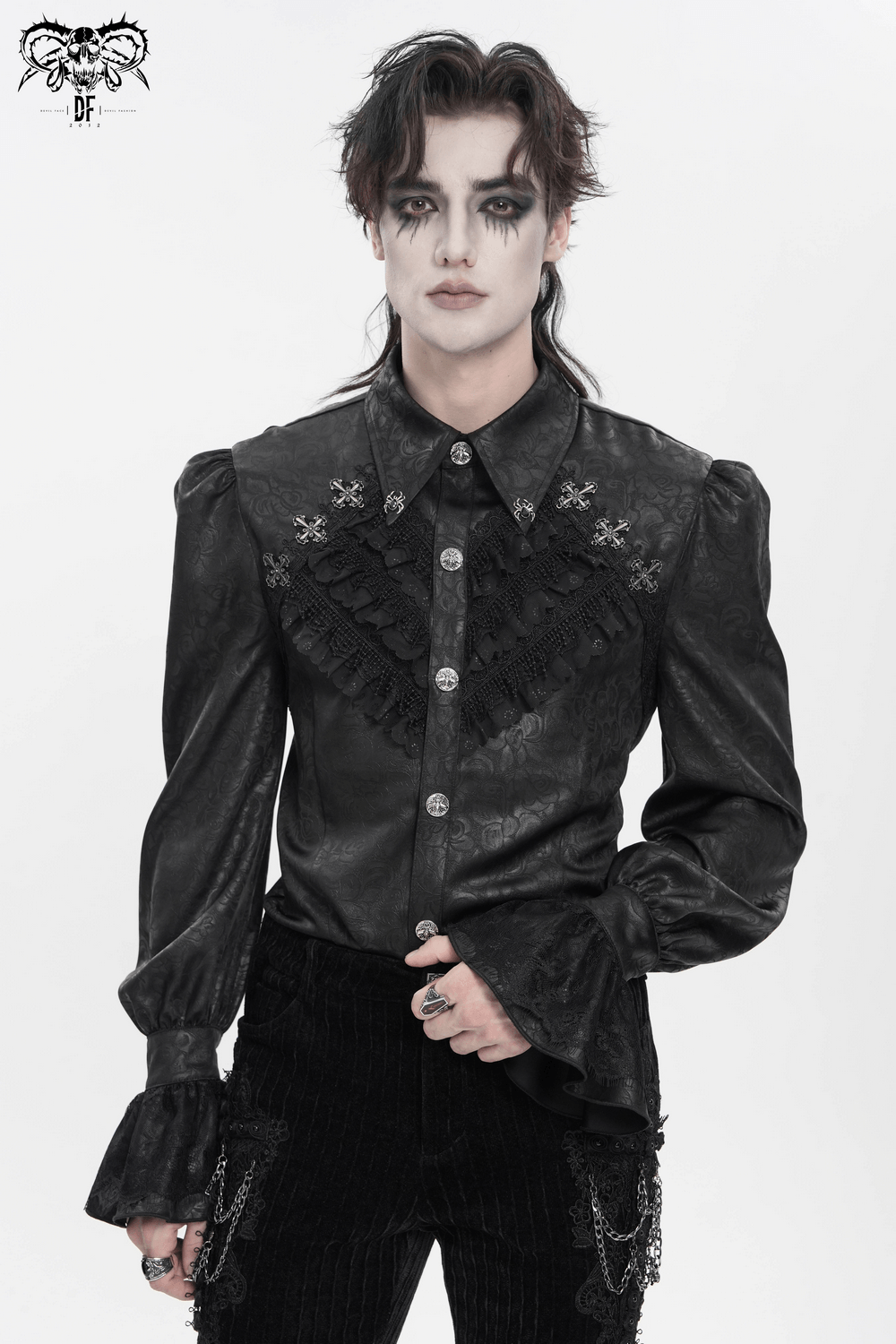 Male Gothic Jacquard Shirt With Ruffles and Puff Sleeves on a model with dramatic makeup.