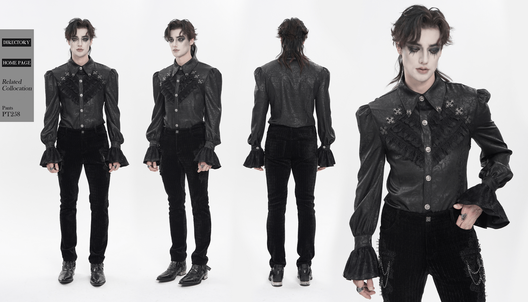Male Gothic Jacquard Shirt With Ruffles and Puff Sleeves showcased in a stylish black ensemble.