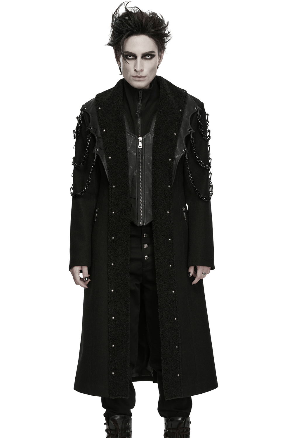 Male Gothic Punk Long Coat with Detachable Chains, black fleece lapels, corset-lace back, edgy runway goth style