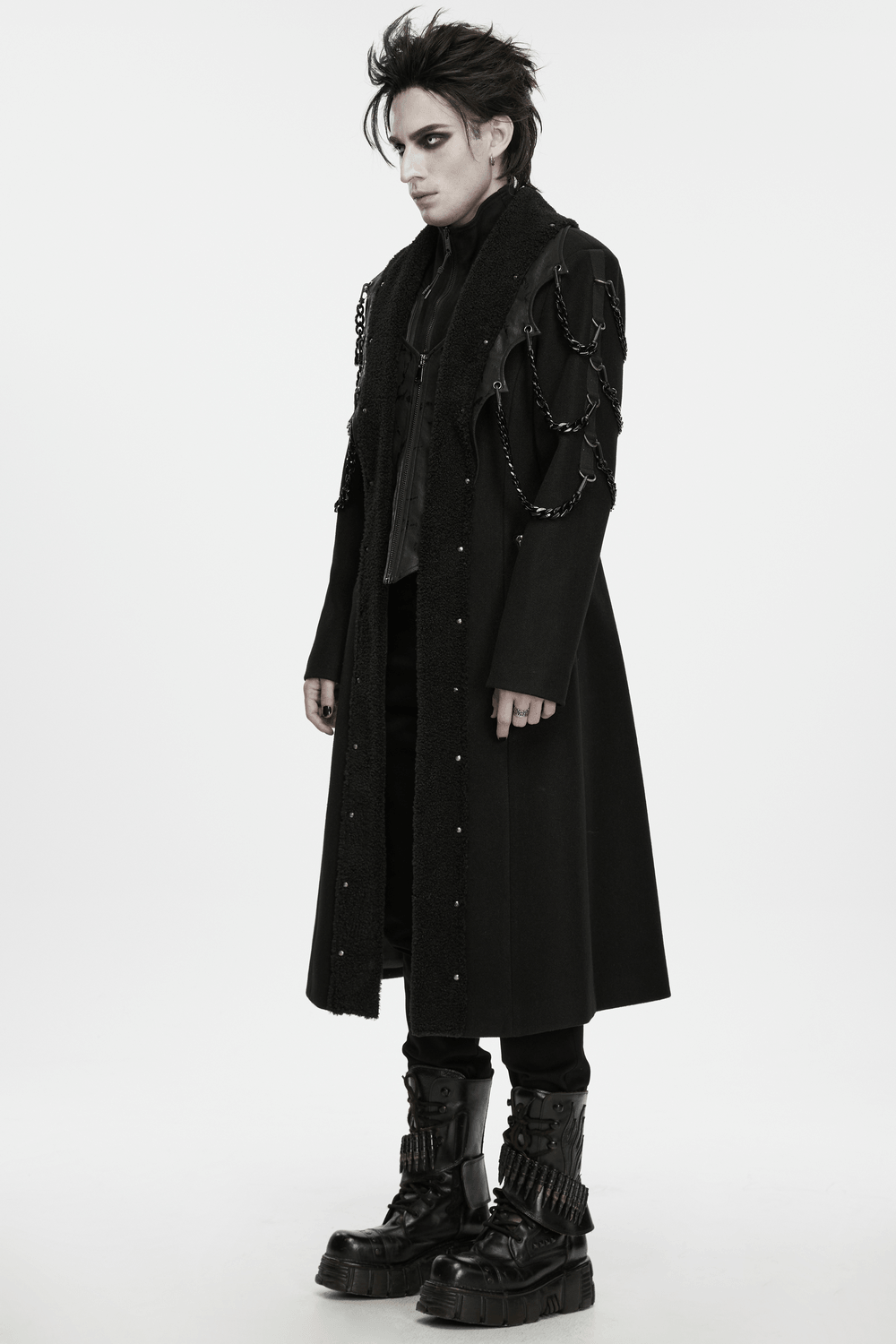 Male Gothic Punk Long Coat with Detachable Chains, black gothic coat with fleece lapel and chain accents