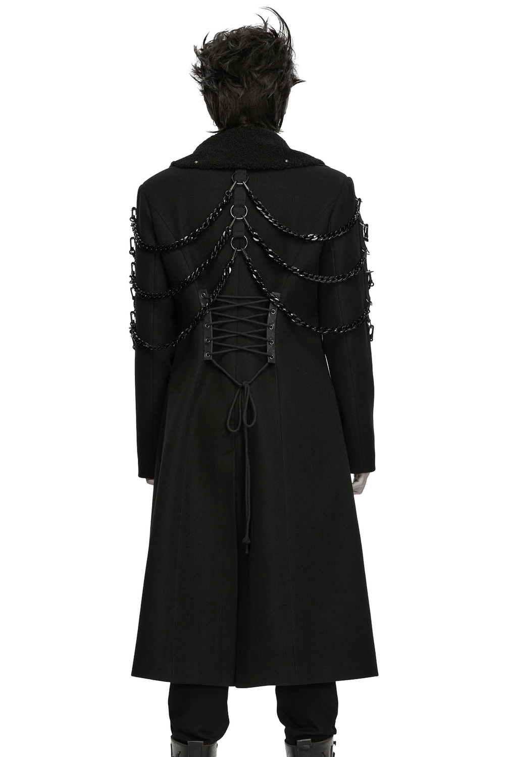 Male Gothic Punk Long Coat with Detachable Chains, black lace-up back and studded fleece lapel for bold style