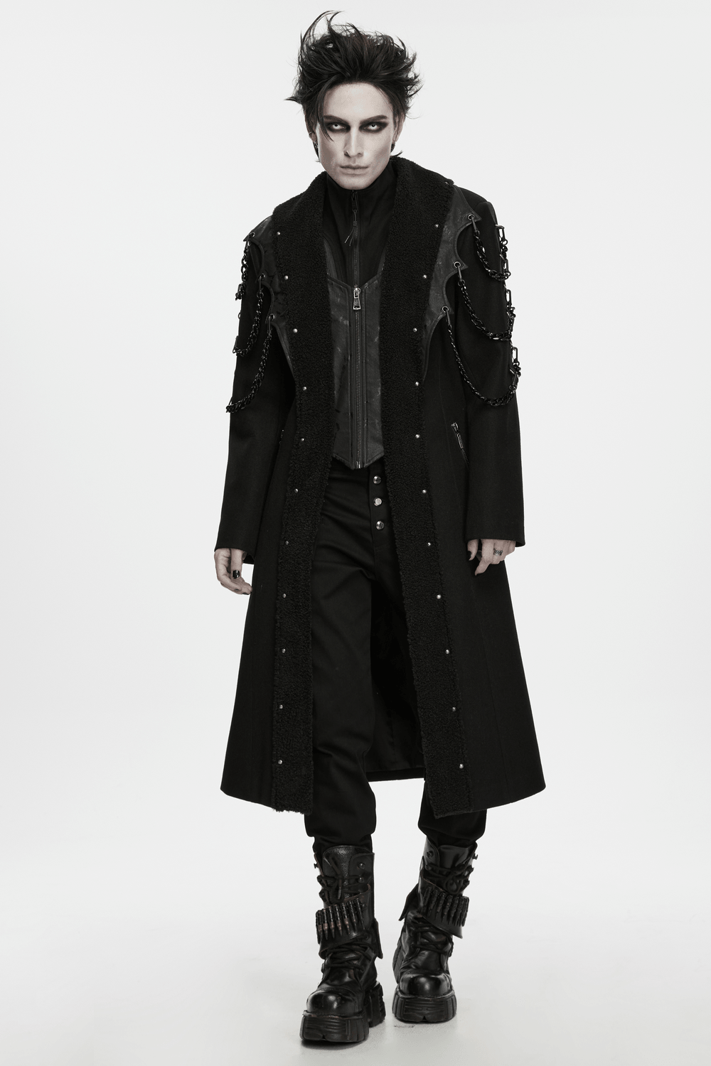 Male Gothic Punk Long Coat with Detachable Chains, black fleece-lined gothic outerwear with studded edges and lace-up back