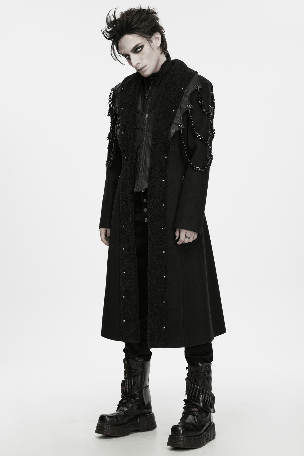 Male Gothic Punk Long Coat with Detachable Chains, black fleece lapel and lace-up back for edgy layered style