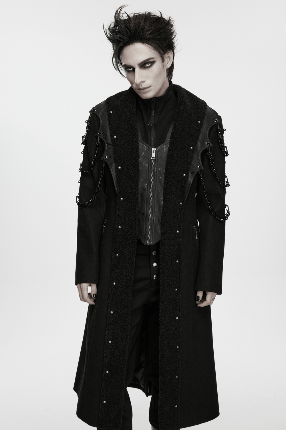 Male Gothic Punk Long Coat with Detachable Chains, black fleece lapels and corset back for edgy style