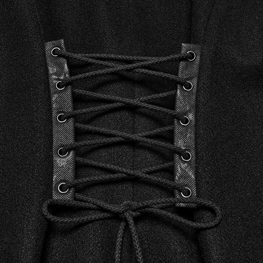 Male Gothic Punk Long Coat with Detachable Chains corset lace-back detail in black punk fleece