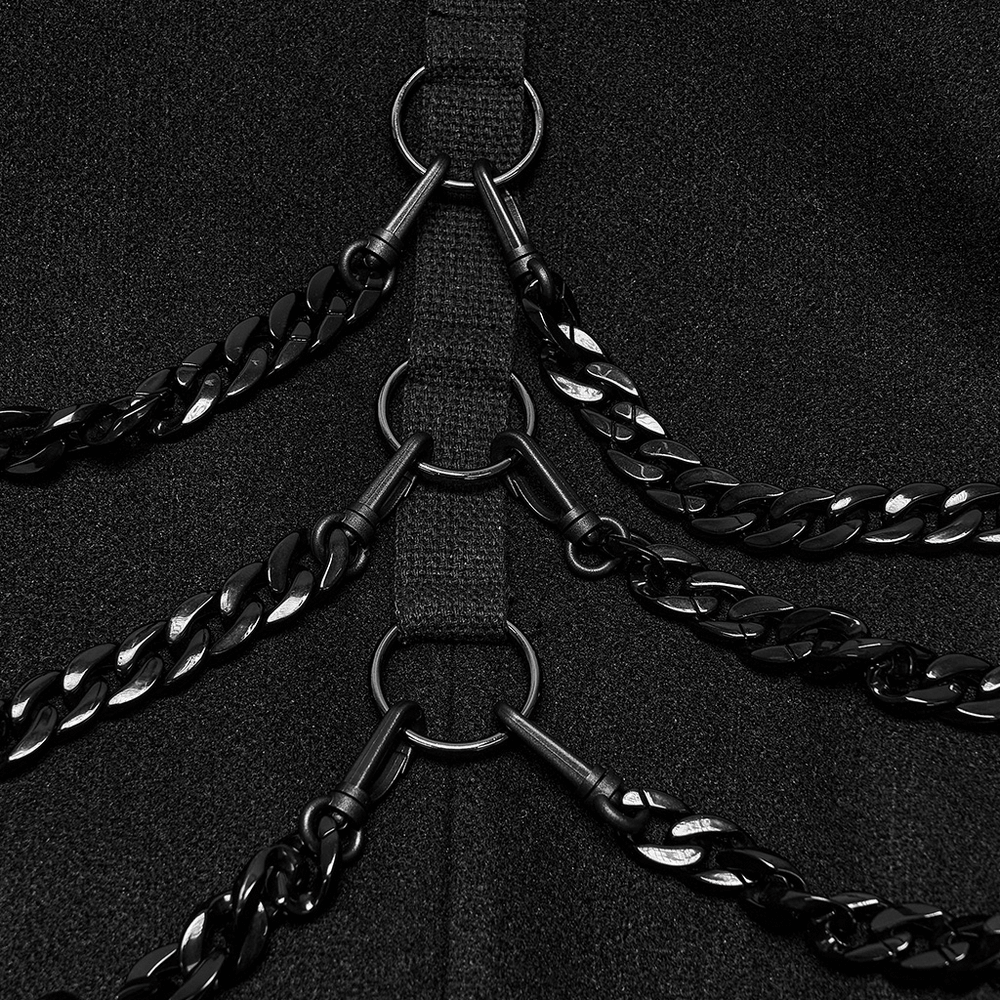 Male Gothic Punk Long Coat with Detachable Chains black chain details and ring accents on textured gothic outerwear