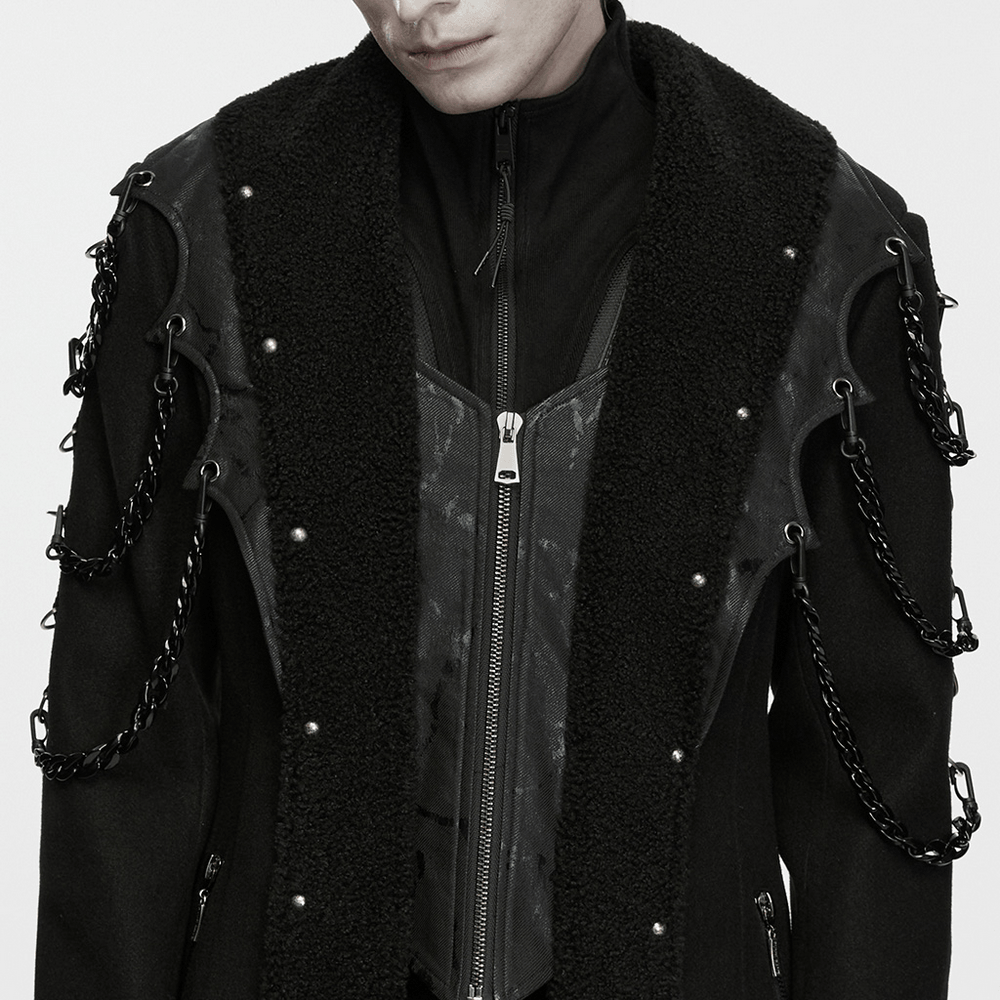 Male Gothic Punk Long Coat with Detachable Chains, black fleece lapel, lace-up back, and edgy chain details