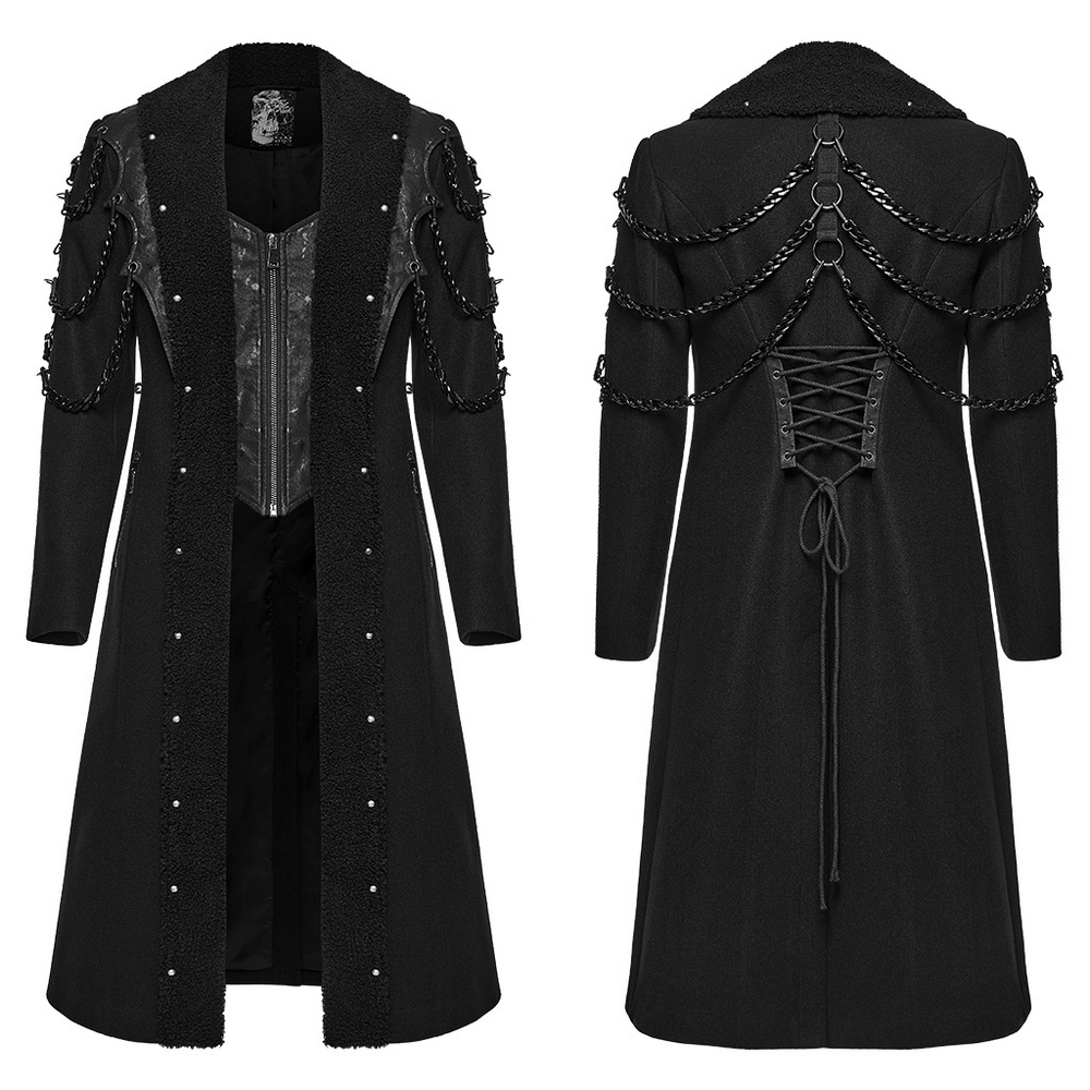 Male Gothic Punk Long Coat with Detachable Chains, black fleece lapel, lace-up back, studded gothic outerwear