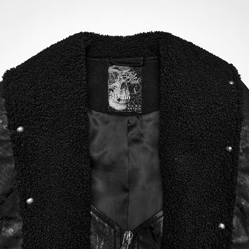 Male Gothic Punk Long Coat with Detachable Chains, black fleece lapel, skull label, and corset-style back
