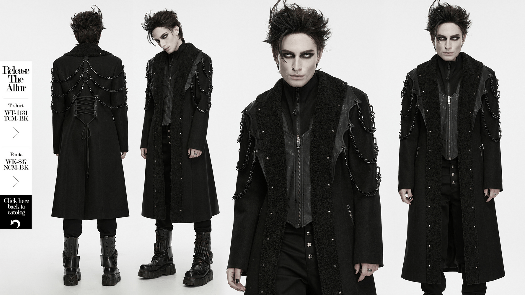 Male Gothic Punk Long Coat with Detachable Chains, black corset-back long coat with studded fleece lapels and edgy chains