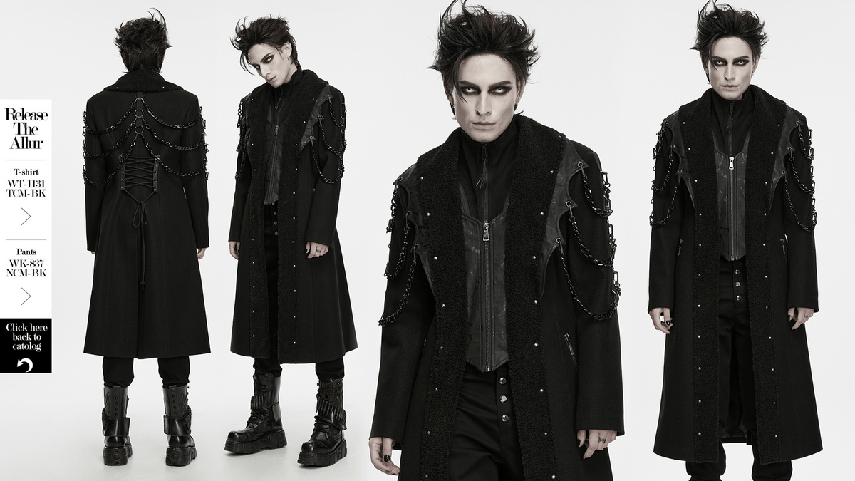 Male Gothic Punk Long Coat with Detachable Chains, black corset-back long coat with studded fleece lapels and edgy chains