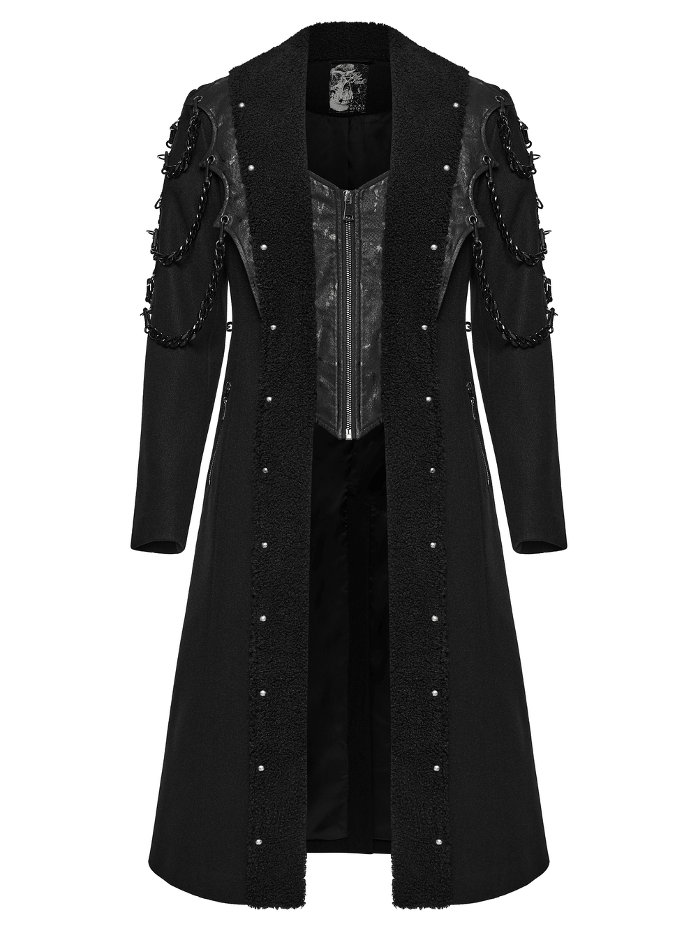 Male Gothic Punk Long Coat with Detachable Chains black wool coat with fleece lapel, lace-up back and shoulder chains