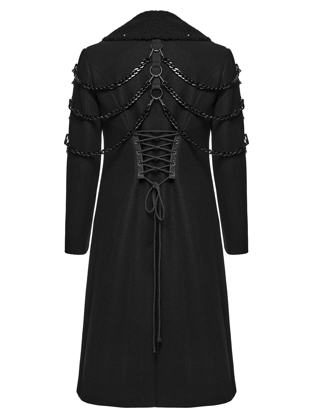 Male Gothic Punk Long Coat with Detachable Chains, black lace-up back, studded fleece lapel and dramatic goth flair