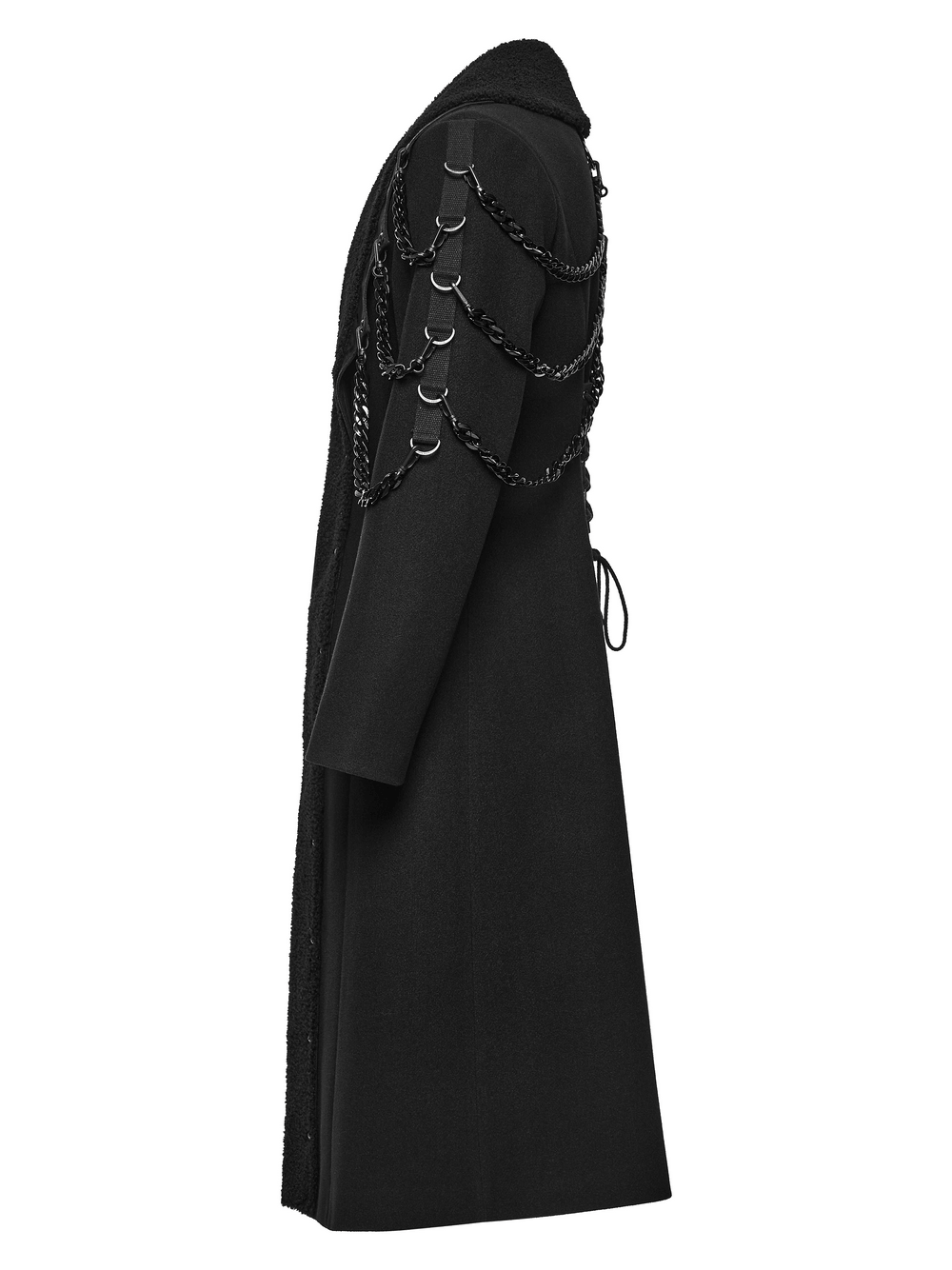 Male Gothic Punk Long Coat with Detachable Chains, black long coat with fleece lapel and chain accents
