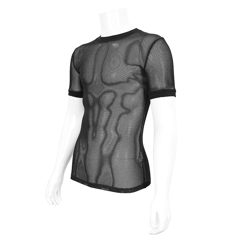 Stylish men's black gothic sheer mesh t-shirt on mannequin showcasing a fitted design and comfortable fabric.