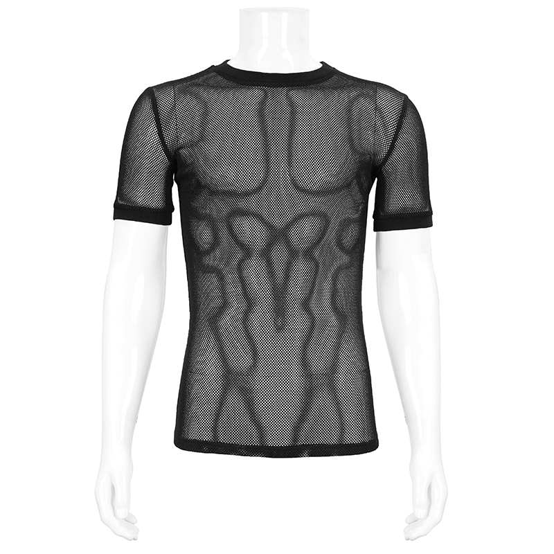 Men's black gothic sheer mesh t-shirt on a mannequin, showcasing a fitted elastic design for casual style.