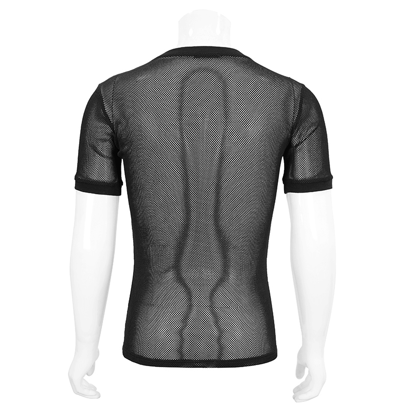 Back view of a black gothic short-sleeved sheer mesh t-shirt for men, showcasing a fitted design and breathable fabric.