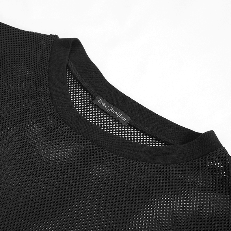 Close-up of a black mesh t-shirt collar, showcasing gothic fashion style and breathable fabric.