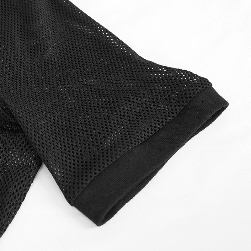Close-up of a black men's sheer mesh t-shirt sleeve showcasing gothic style and fitted design.