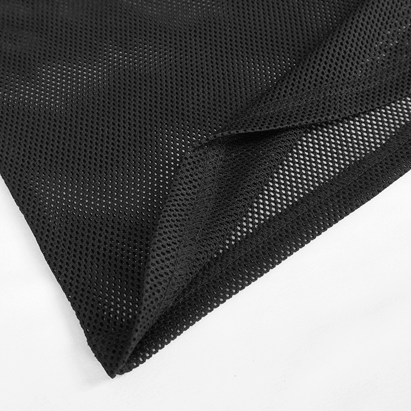 Close-up of black sheer mesh fabric, perfect for gothic-style t-shirts, showcasing its breathable texture.