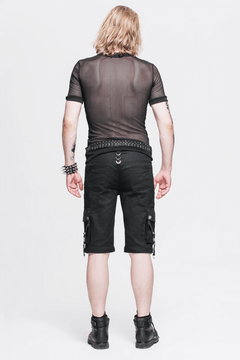 Back view of a male model wearing a gothic short-sleeved sheer mesh t-shirt with black cargo shorts.