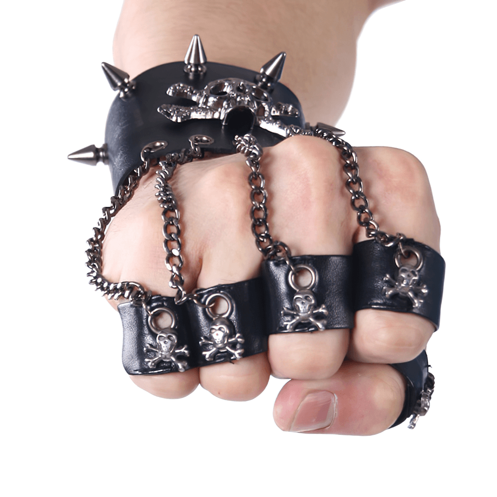 Gothic skull fingerless gloves with spiked details and chain for punk men.