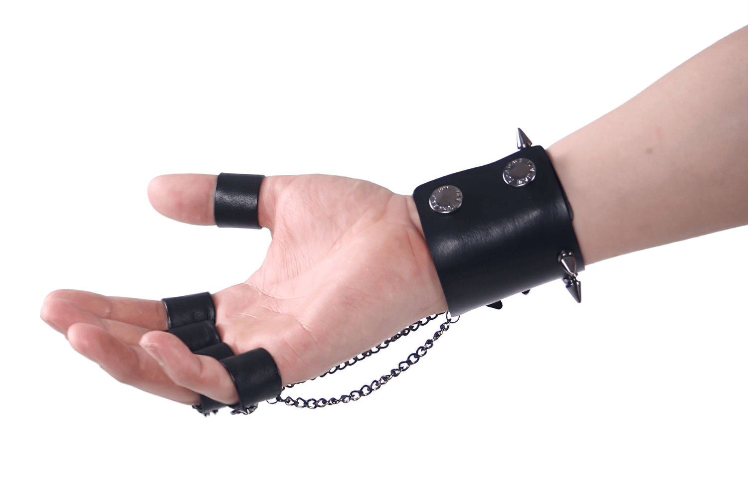 Male Gothic Skull PU Leather fingerless gloves with spiked details and chained accents for a punk look.