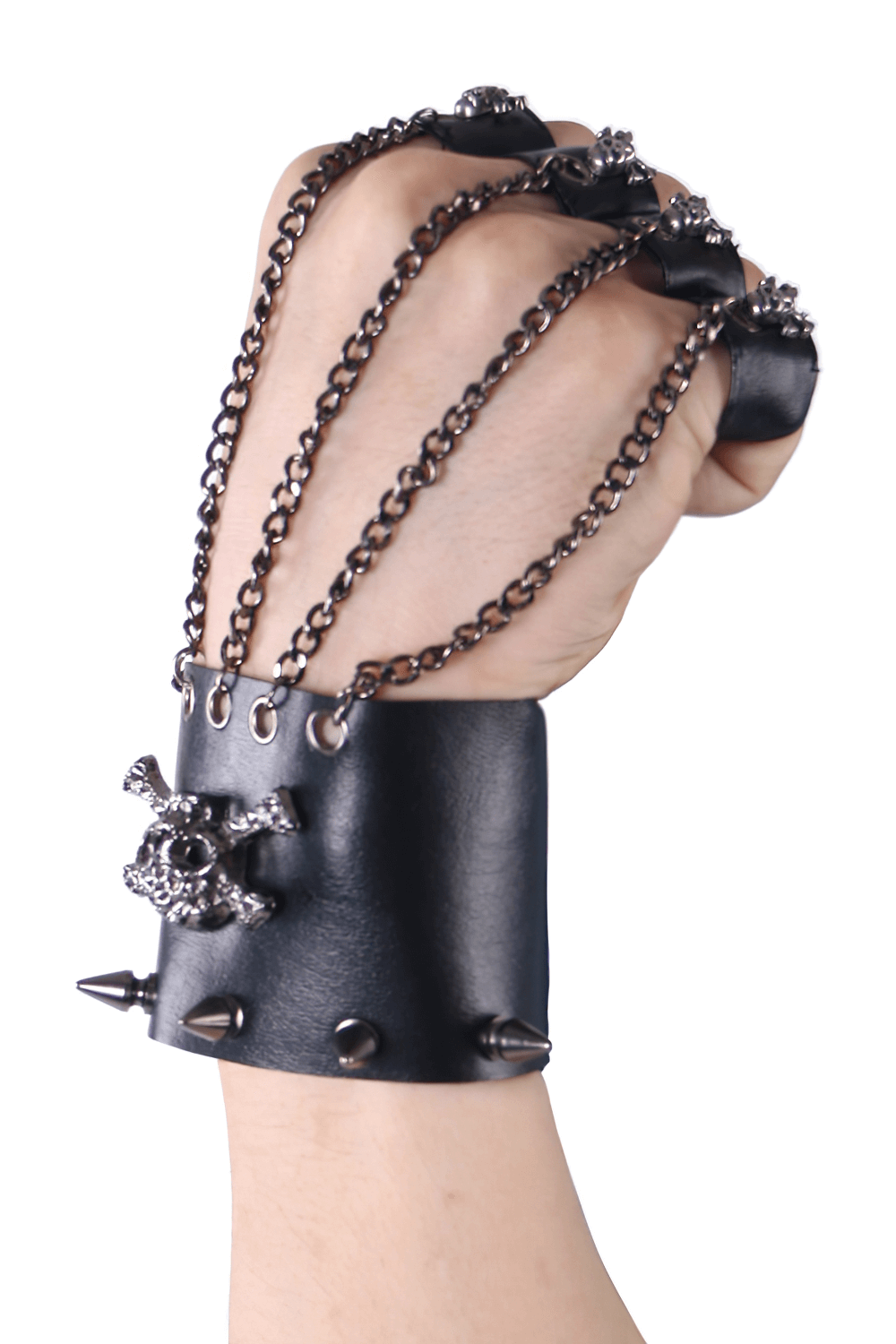 Male gothic skull PU leather fingerless gloves with chain and spiked details, perfect for punk rock fashion.