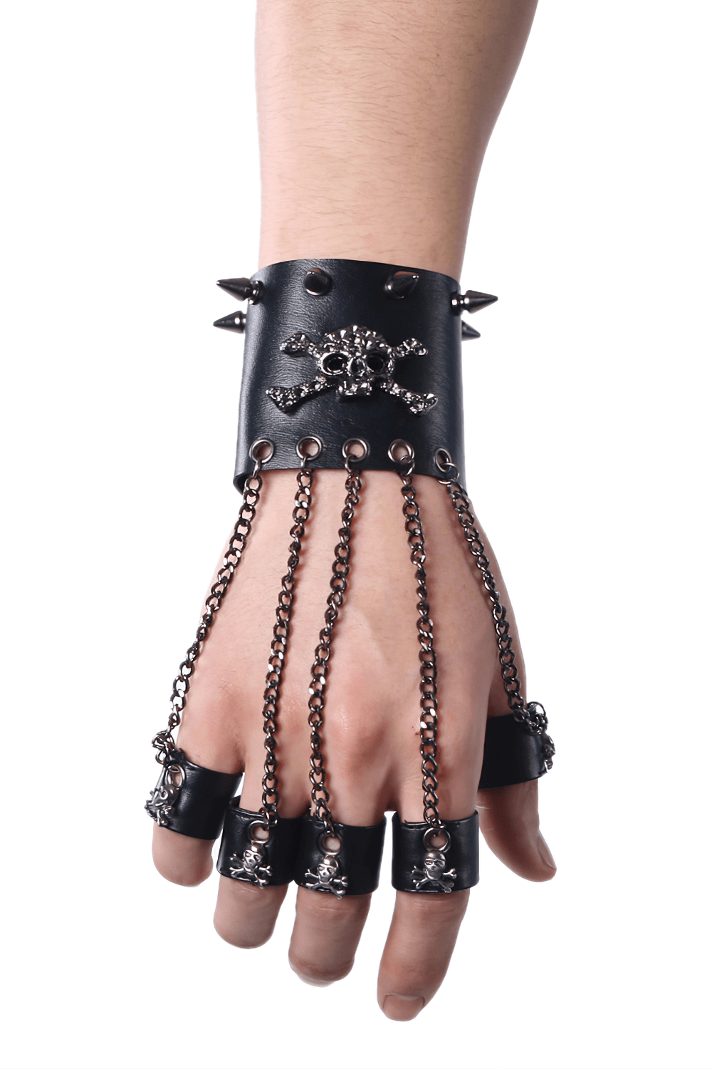 Male gothic skull PU leather fingerless gloves with spiked details and chain, perfect for punk rock style.