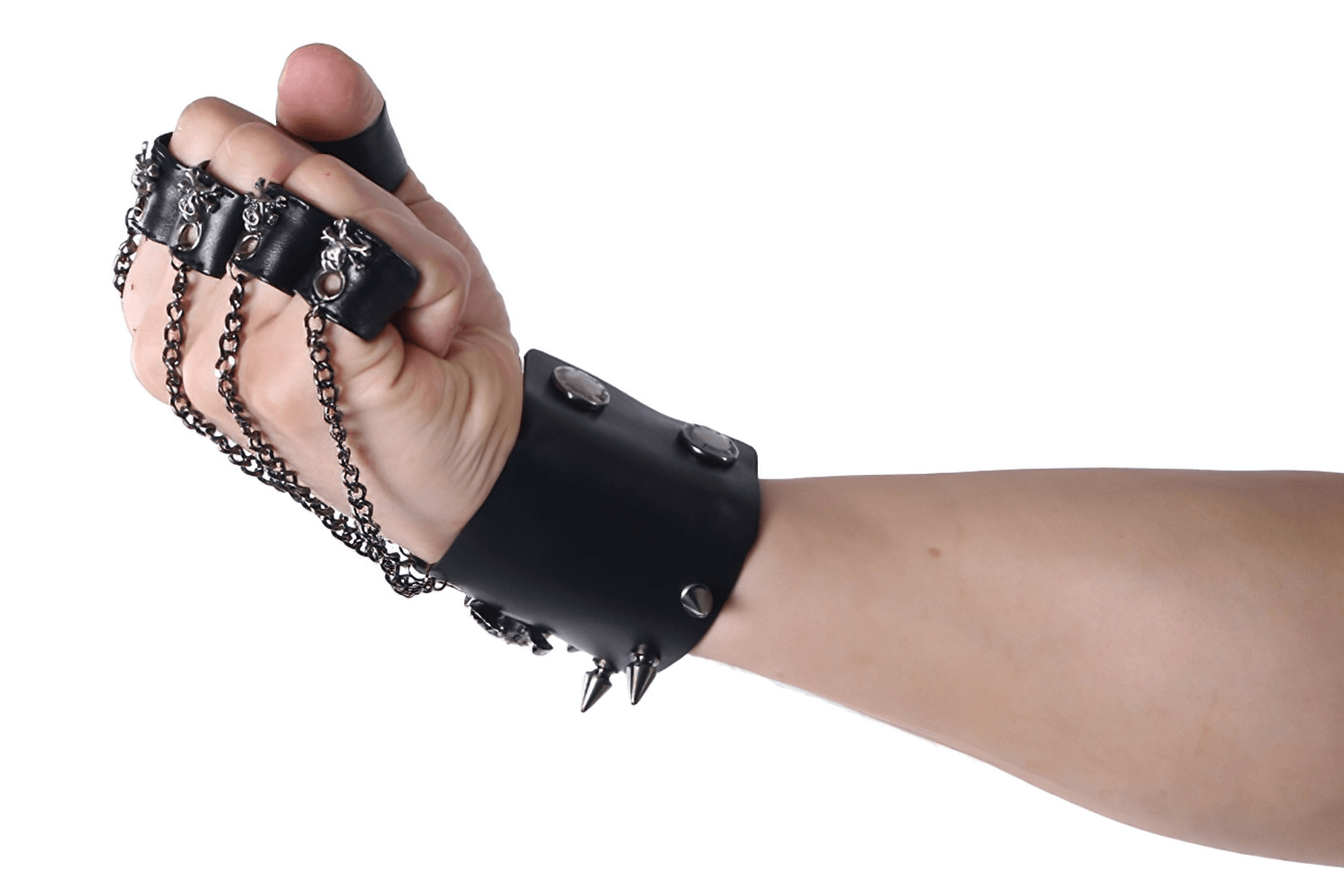 Male gothic skull PU leather fingerless gloves with spiked details and chains, perfect for punk cosplay.