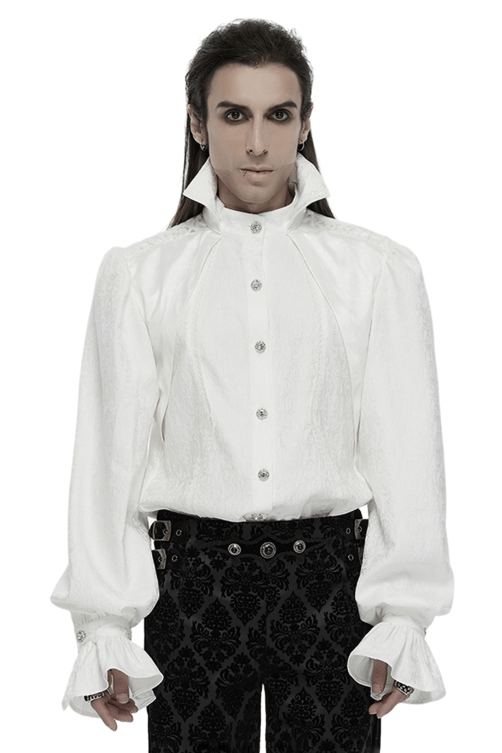 Male Gothic shirt with bubble sleeves and stand collar in glossy fabric, perfect for a dramatic, elegant look.