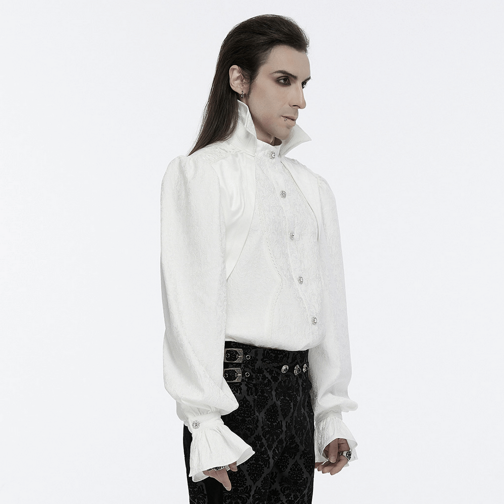 Male model wearing a palace-inspired gothic stand collar shirt with bubble sleeves and elegant lace detailing.