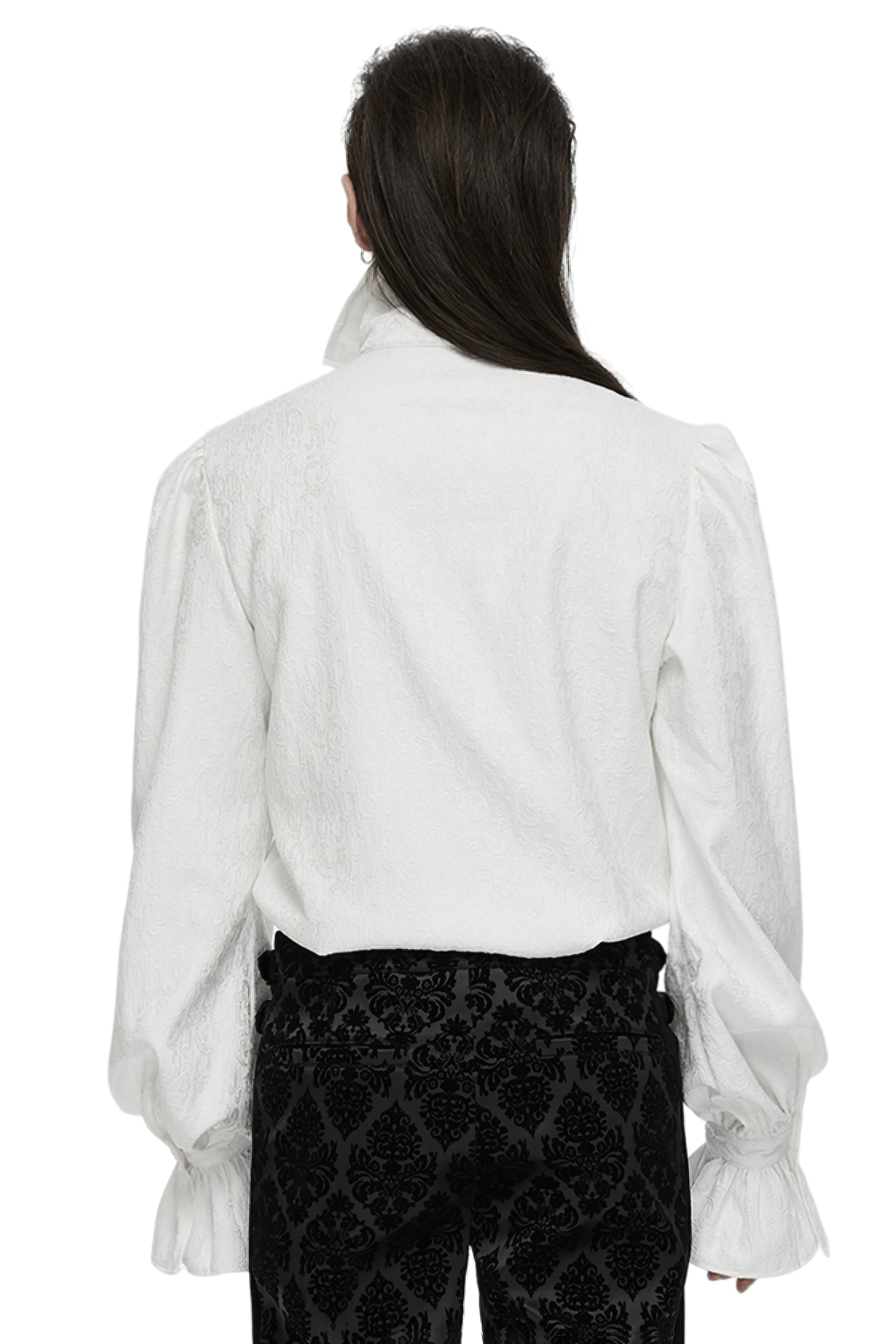 Back view of a male gothic stand collar shirt with bubble sleeves, showcasing luxurious fabric and unique silhouette.