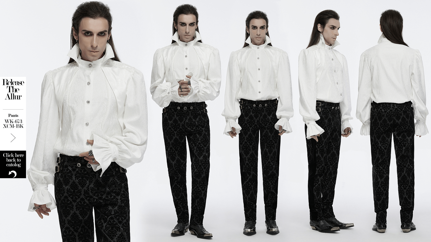 Male gothic stand collar shirt with bubble sleeves, featuring lace details and a dramatic silhouette. Perfect for a stylish look!