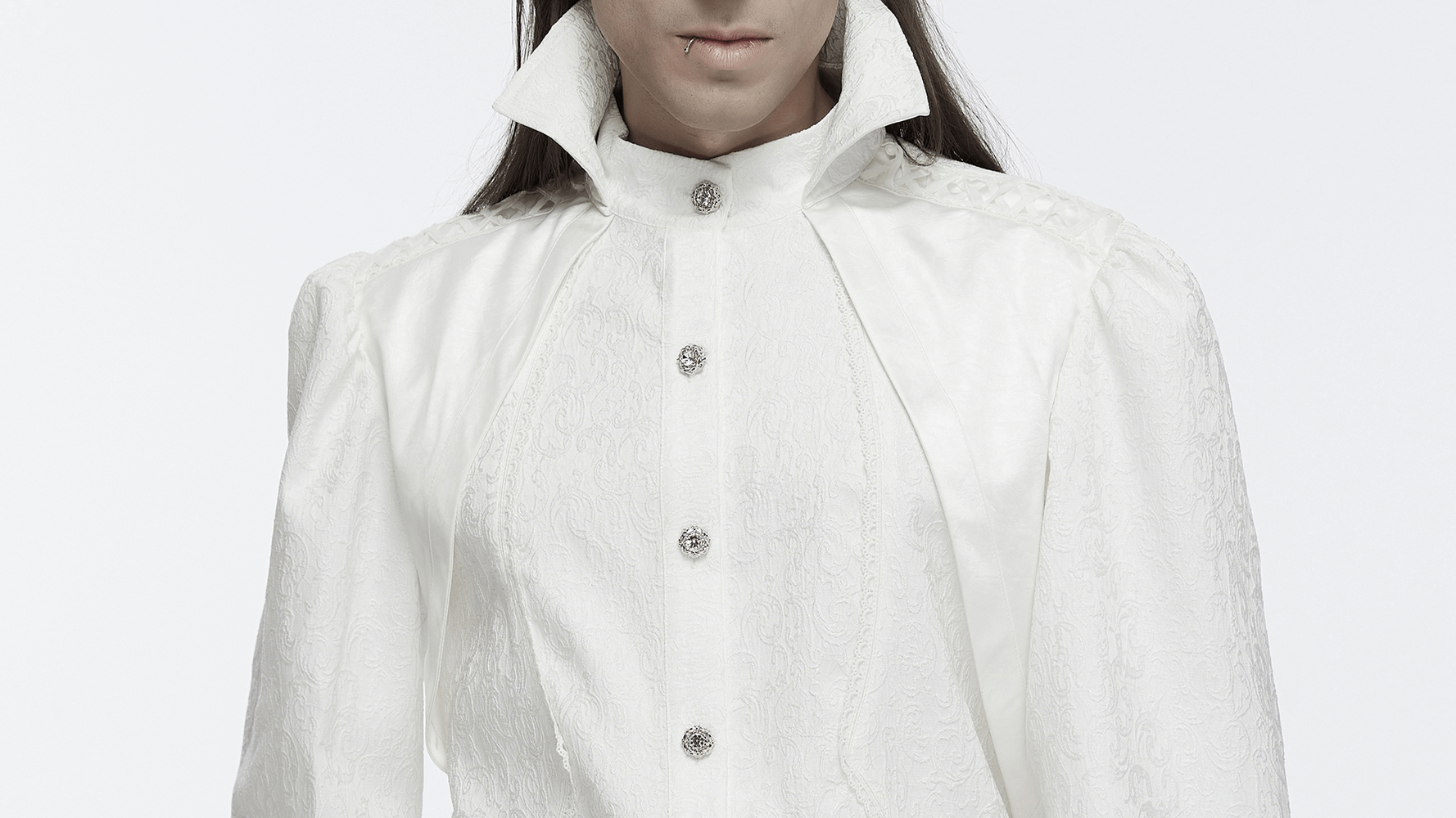 Male gothic shirt with a stand collar and bubble sleeves, featuring lace details and glossy fabric for a dramatic look.