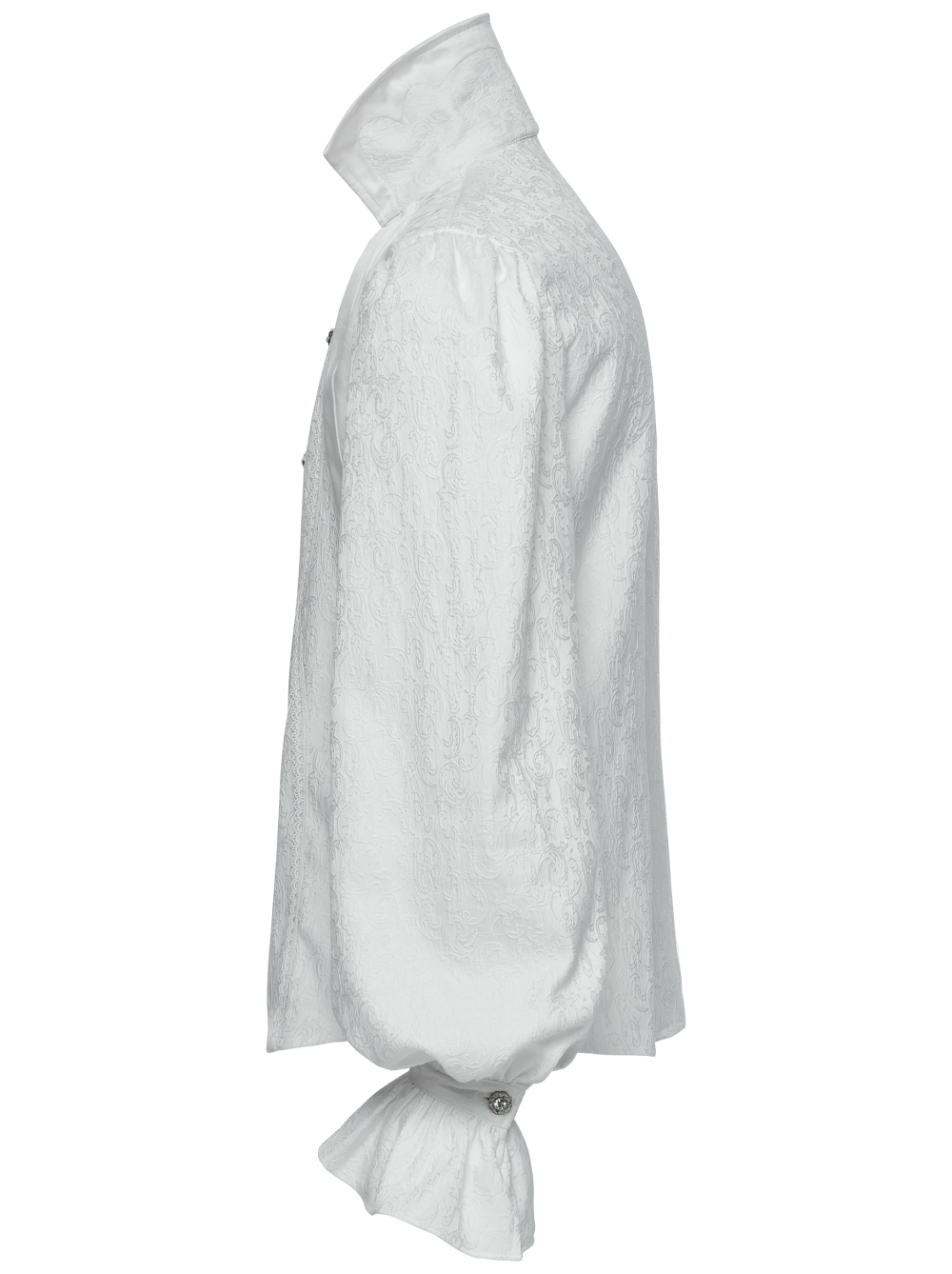 Male gothic stand collar shirt with bubble sleeves in luxurious white woven fabric, showcasing intricate lace design.