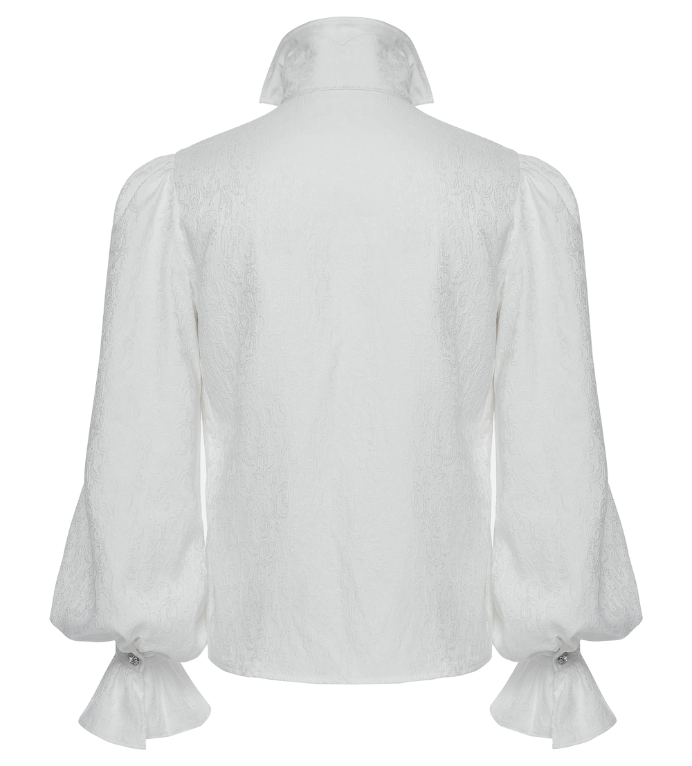 Back view of a male gothic shirt with stand collar and bubble sleeves in luxurious white fabric. Perfect for dramatic elegance.