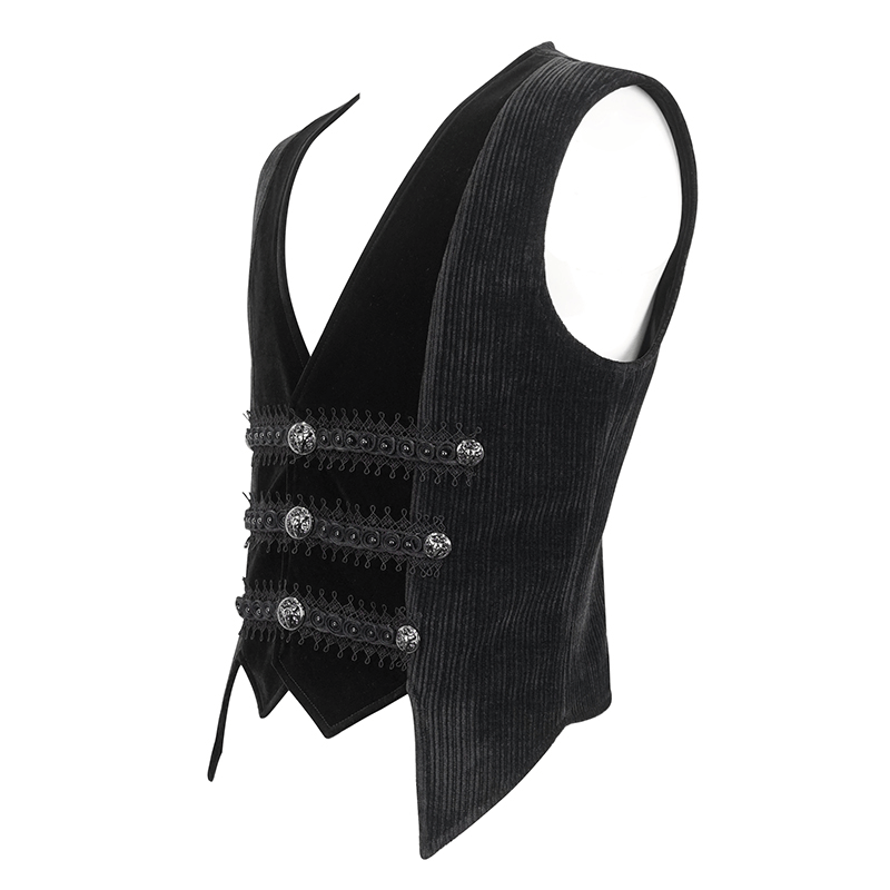 Male gothic velvet waistcoat with lace and buttons, featuring an irregular cut for a bold alternative style.