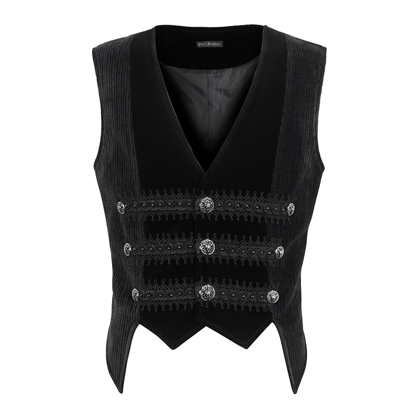 Male gothic velvet waistcoat featuring lace details and intricate buttons for a bold alternative look.