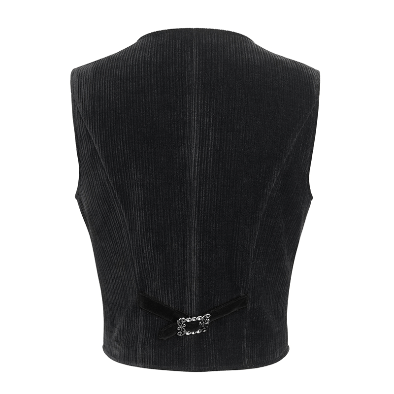 Back view of a male gothic velvet waistcoat, showcasing intricate details and a unique cut.